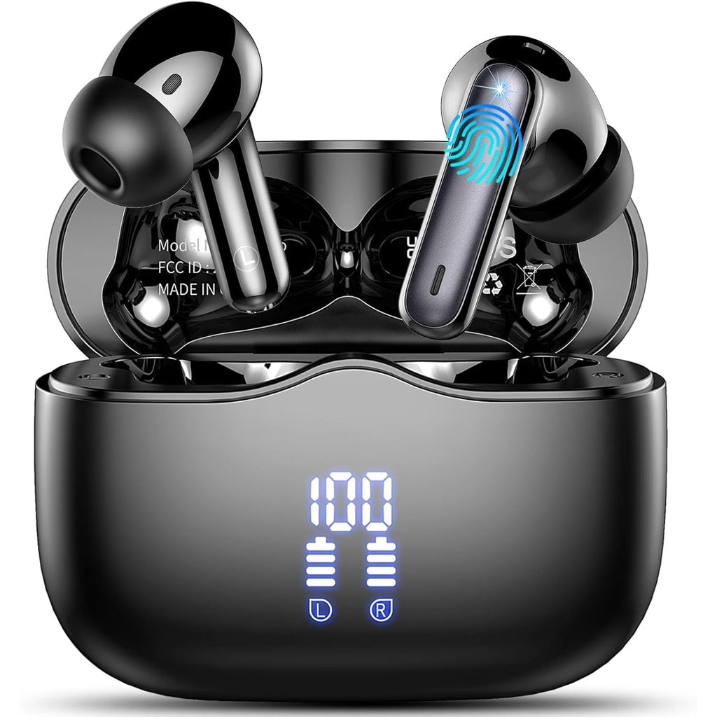 Black wireless earbuds with charging case on a white background