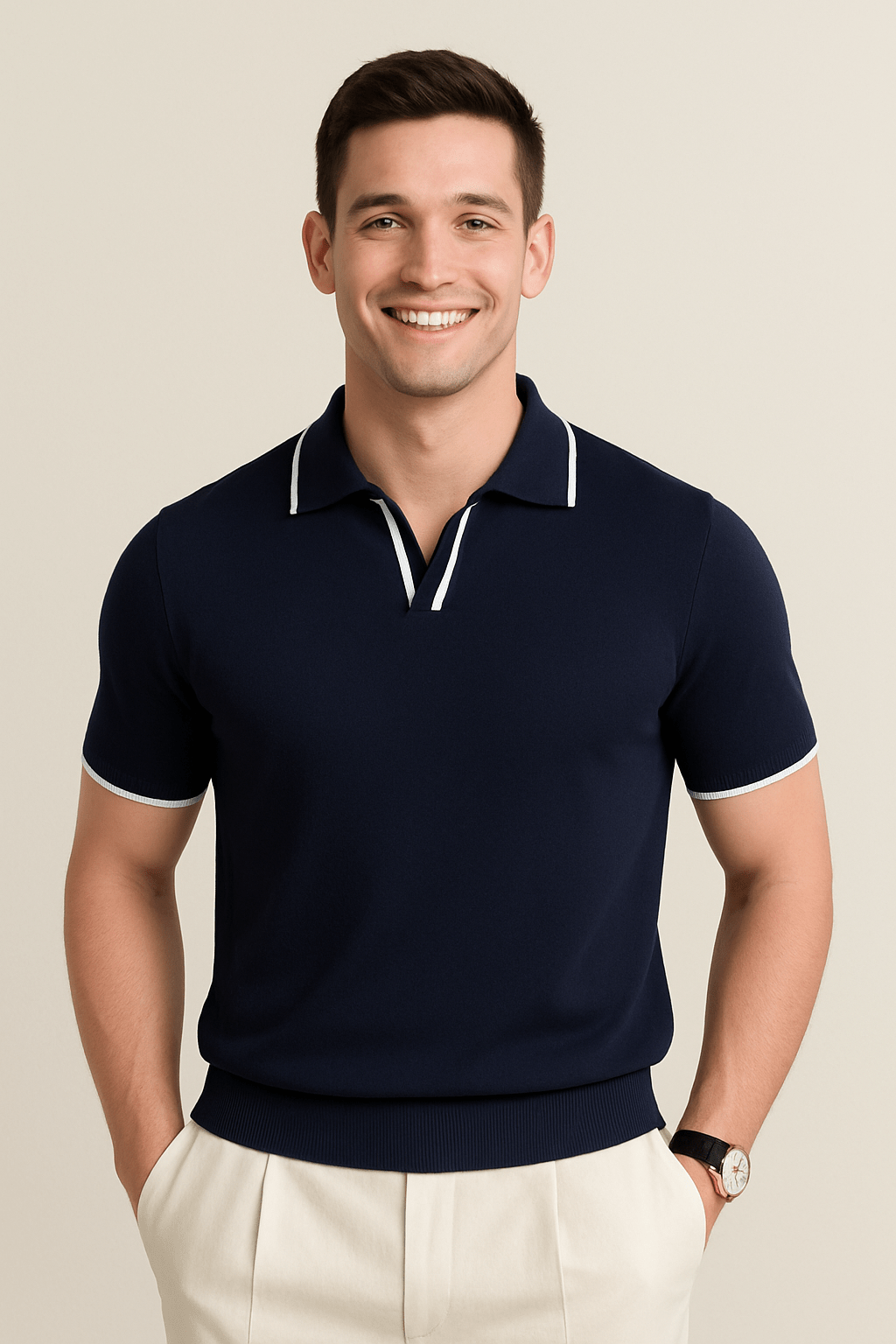 Aaron Strickpoloshirt Kurzarm Kontrastkante - Polos - Dunkelblau - Müller Mode